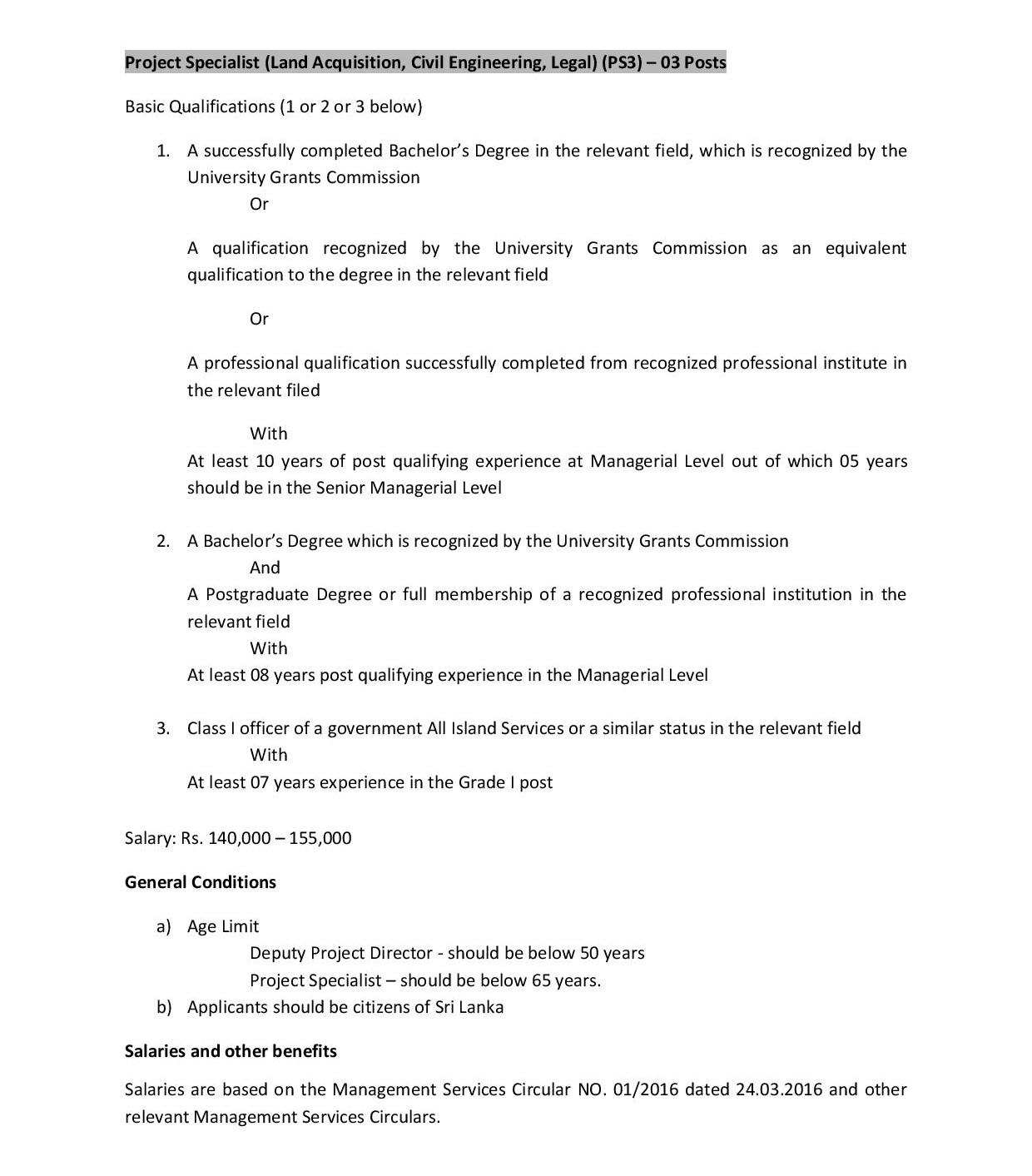 Deputy Project Director, Project Specialist (Land Acquisition, Civil Engineering, Legal) - Ministry of National Policies & Economic Affairs